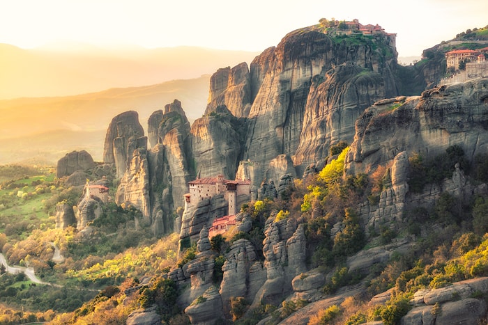 The Meteora is a rock formation in central Greece hosting one of the largest and most precipitously built complexes of Eastern Orthodox monasteries, second in importance only to Mount Athos