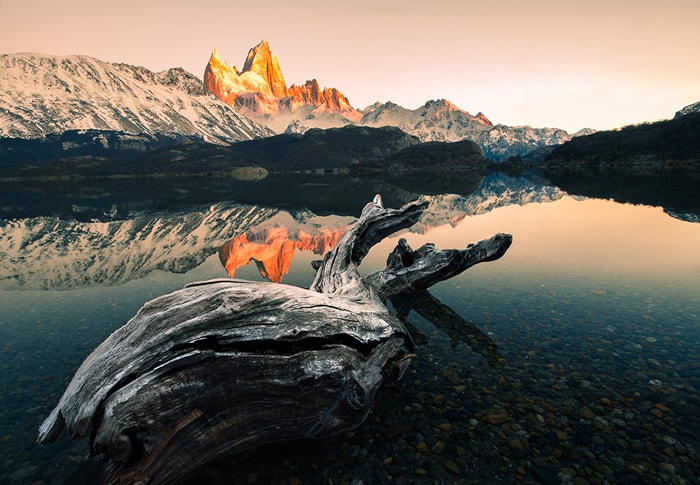 a amazing reflection of the mountain FItz Roy in the surface of the Laguna Capri