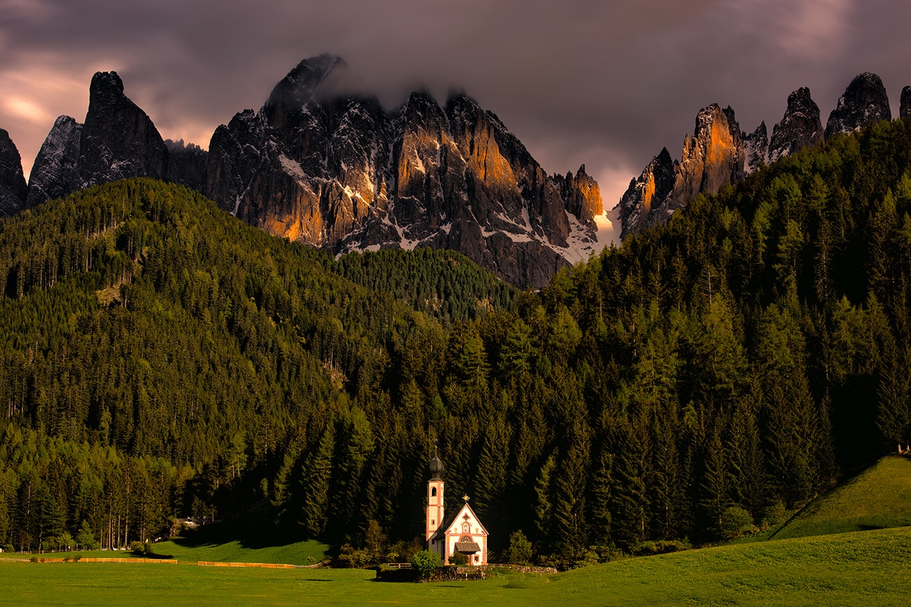 A Tiny Church in the Magnificent Dolomite Mountains