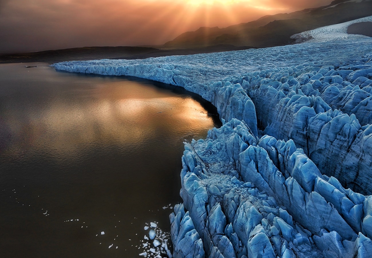 Glacier lake in iceland during the sunset